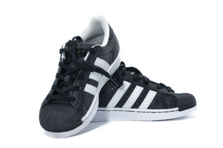 Bangkok,Thailand,Jun 16,2018-Adidas shoes,Three strips decoration shoes in kid size footware on white backgroundのeditorial素材