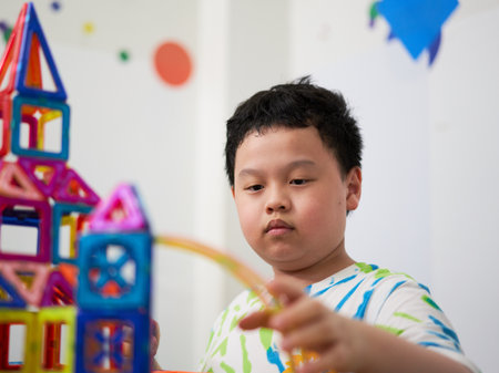 boy building a toy house be creativeの写真素材