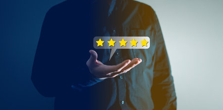 customer show five star service feedback on levitate callout in review technology website conceptの写真素材