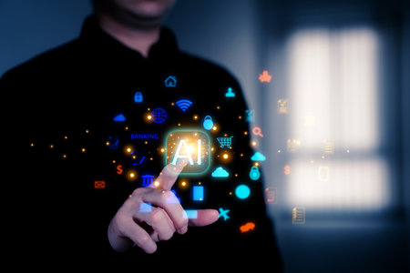 Businessman pressing modern social buttons on a virtual screen. 3d rendering