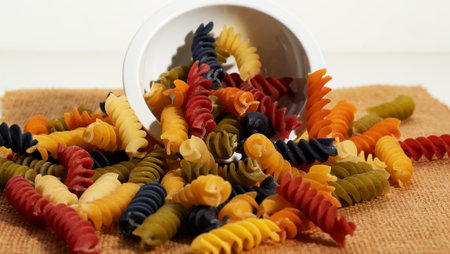 spiral pasta or spaghetti with small cup backgroundの写真素材