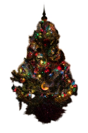 Christmas tree with decorations, garlands and colorful lightsの写真素材