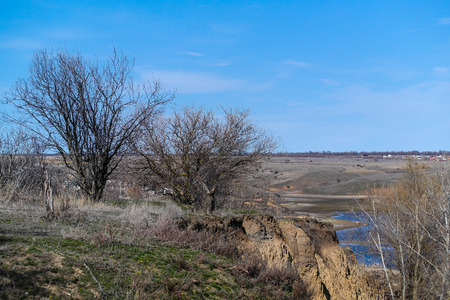 tree on a steep clay slopes against the skyの写真素材