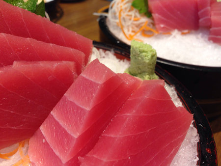 Japanese raw mackerel fish serving with wasabi on cold ice, one of delicious dishesの素材