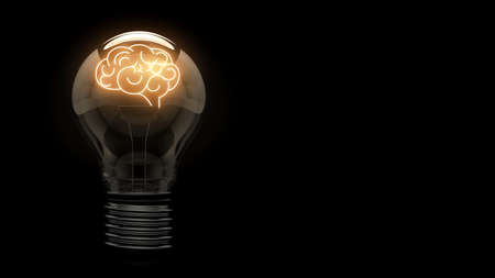 Brain. Glowing brain symbol in a light bulb on a black background. 3D. 3D rendering.