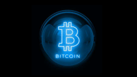 Bitcoin. Blue bitcoin logo. Nixie tube indicator. Gas discharge indicators and lamps. 3D. 3D...