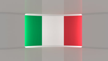 TV studio. Italy flag studio. Italy flag background. News studio. The perfect backdrop for any green screen or chroma key video or photo production. 3d render. 3dの写真素材