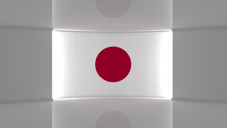TV studio. Japan. Japanese flag studio. Japanese flag background. News studio. The perfect backdrop for any green screen or chroma key video or photo production. 3d render. 3dの写真素材