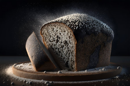 Sliced rye bread on a wooden board with flour on a black background.  Bakery concept. Generative AI technology.の素材