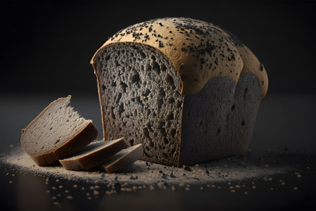 Sliced rye bread on a wooden board with flour on a black background.  Bakery concept. Generative AI technology.の素材