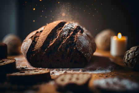 Sliced rye bread on a wooden board with flour on a black background.  Bakery concept. Generative AI technology.の素材