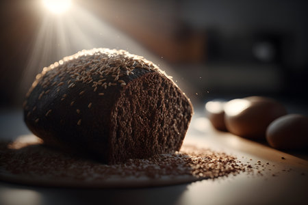 Freshly baked traditional bread with sun flare on wooden table, closeup.  Generative AI technology.の素材