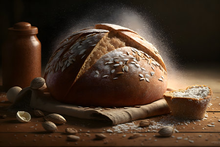 Sliced rye bread on a wooden board with flour on a black background.  Bakery concept. Generative AI technology.の素材