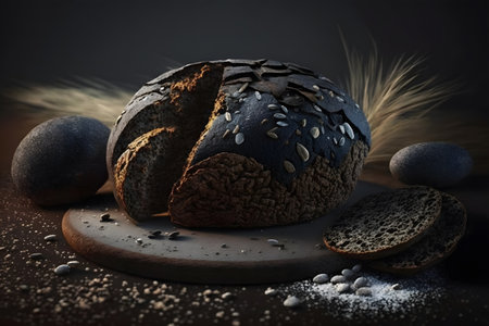 Sliced rye bread on a wooden board with flour on a black background.  Bakery concept. Generative AI technology.の素材