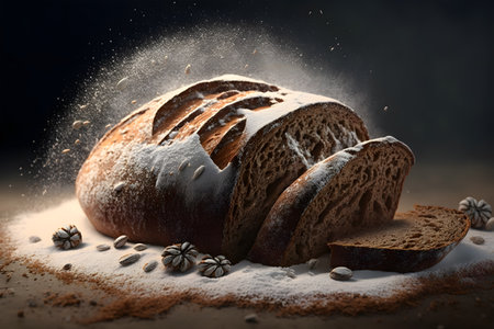Sliced rye bread on a wooden board with flour on a black background.  Bakery concept. Generative AI technology.の素材
