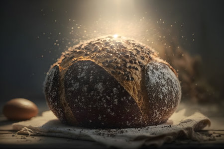 Freshly baked traditional bread with sun flare on wooden table, closeup.  Generative AI technology.の素材