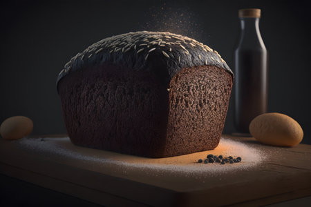 Sliced rye bread on a wooden board with flour on a black background.  Bakery concept. Generative AI technology.の素材