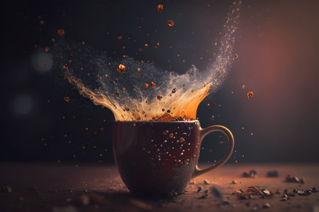 Cup of coffee with splashes and smoke on a dark background. Coffee splashing out of a cup on a dark background. 3d rendering. Generative AI technology.の素材
