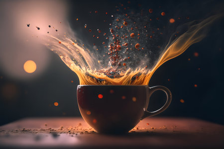 Cup of coffee with splashes and smoke on a dark background. Coffee splashing out of a cup on a dark background. 3d rendering. Generative AI technology.の素材