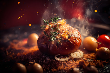 Baked tomato and onion on wooden table with fire and smoke on background. food design. baked vegetables. Delicious dish. Artistic blur. Generative AI technology.の素材