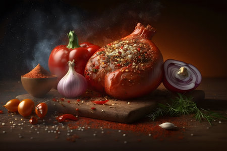 Still life with garlic, tomatoes, spices and herbs on a dark background. food design. Baked vegetables. Delicious dish. Artistic blur. Generative AI technology.の素材