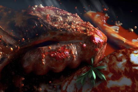 A closeup shot of a piece of meat with spices and herbs. baked meat. Delicious dish. Artistic blur. Generative AI technology.の素材