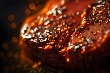 Grilled beef steak with barbecue sauce on dark background. copyspace. food design. Delicious dish. Artistic blur. Generative AI technology.の素材
