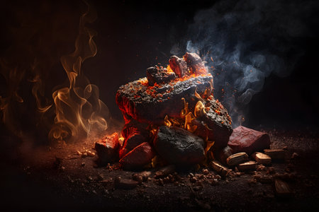 Piece of fried meat on a black background with smoke and fire. baked meat. Delicious dish. Artistic blur. Generative AI technology.の素材