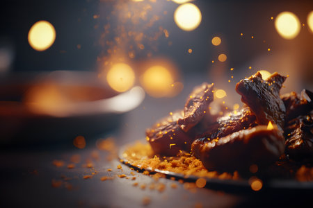 A closeup shot of a piece of meat with spices and herbs. baked meat. Delicious dish. Artistic blur. advertising background. Generative AI technology.の素材