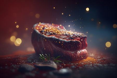 Grilled beef steak. Meat with spices and sauce. baked meat. Juicy meat and delicious sauce. Delicious dish. Artistic blur. Generative AI technology.の素材