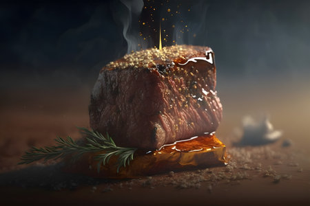 Grilled beef steak with barbecue sauce on dark background. rosemary and spices. copyspace. food design. Delicious dish. Artistic blur. Generative AI technology.の素材