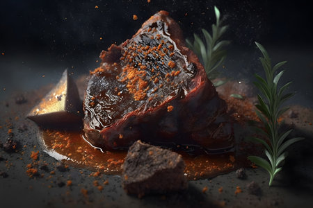 Grilled beef steak with barbecue sauce on dark background. rosemary and spices. copyspace. food design. Delicious dish. Artistic blur. Generative AI technology.の素材