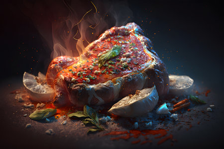 Grilled beef steak on fire with rosemary and spices. Steak with fire and smoke. baked meat. Delicious dish. Generative AI technology.の素材