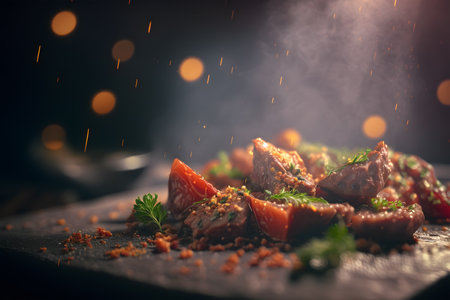 Roasted meat with vegetables and spices on a dark background. selective focus. Baked meat and tomato. Delicious dish. Meat with spices and sauce. Generative AI technology.の素材