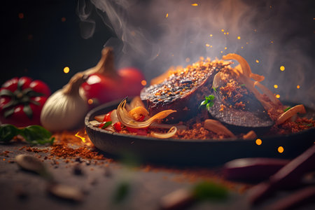 A closeup shot of a piece of meat with spices and herbs. baked meat. Delicious dish. Generative AI technology.の素材