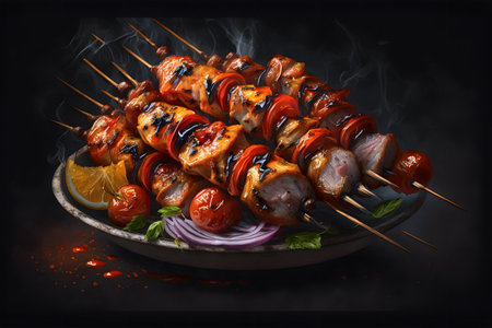 Shish kebab on skewers with vegetables on a dark background. Delicious dish. Generative AI technology.の素材