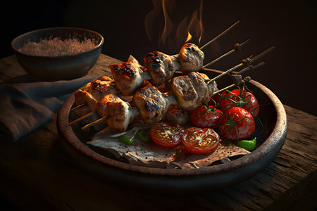 Shish kebab on skewers with vegetables on a dark background. Delicious dish. Generative AI technology.の素材
