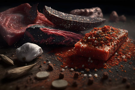 Spices and herbs on a black background. Ingredients for cooking.の素材