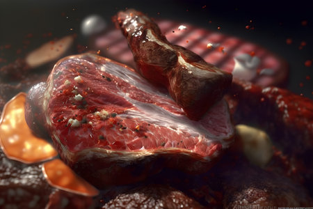 Raw beef steak on a frying pan with spices and herbs. 3d renderingの素材
