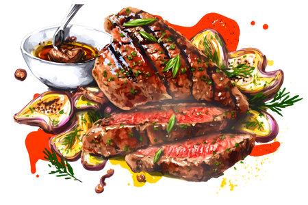 Grilled beef steak with sauce and spices on a white background. baked meat. Delicious dish. Meat with spices and sauce. Generative AI technology.の素材