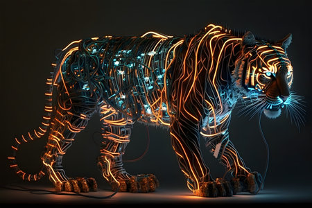 Robot tiger. Cyborg tiger. 3D rendering of a tiger in futuristic style. 3D illustration.. 3d rendering of a tiger on a black background with neon lights. Generative AI technology.の素材