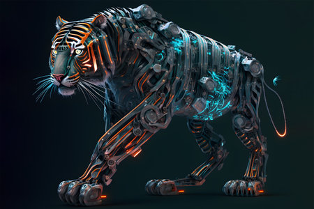 Cyborg tiger. 3D rendering of a tiger in futuristic style. 3D illustration.. 3d rendering of a tiger on a black background with neon lights. Generative AI technology.の素材