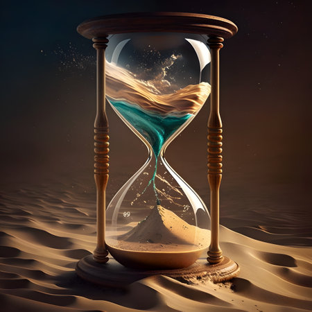 Hourglass with sand flowing through the sand. Generative AI technology.の素材