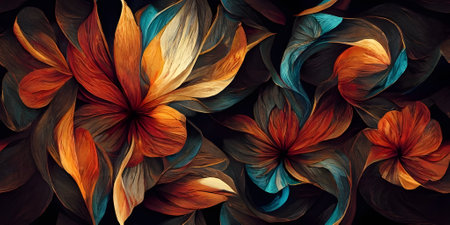 Abstract leaves and flowers. Decoration for wallpaper, desktop, poster, cover booklet. Print for clothes, t-shirt. Creative illustration for design. Generative AI technology.の素材