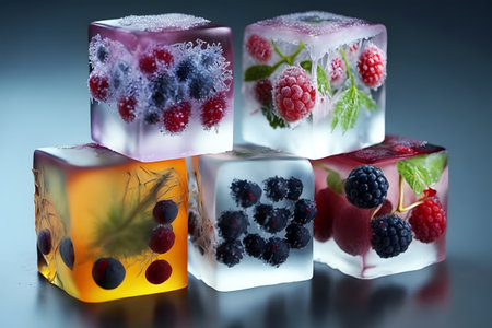 Frozen berries in ice cube on dark background. 3d illustration. Generative AI technology.の素材