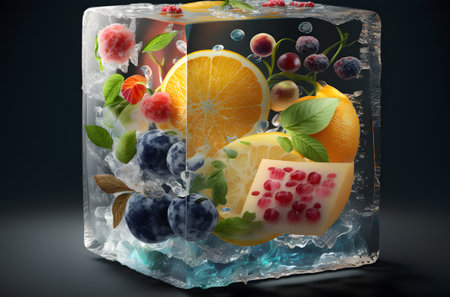 Frozen fruits and berries in ice cube. 3D illustration. Generative AI technology.の素材