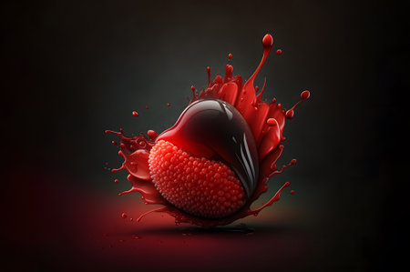 Strawberry splashes on black background. 3d illustration.. 3d illustration of chocolate ball with red splashes on dark background. Generative AI technology.の素材