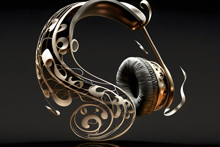 3d rendering of headphones with golden floral ornament on black background. Abstract music wave design. Headphones with splashes of music. Generative AI technology.の素材