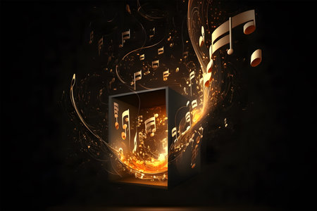 Music notes coming out of an box. 3D rendering. Abstract background.3d illustration of musical notes flowing in the air over dark background. Generative AI technology.の素材