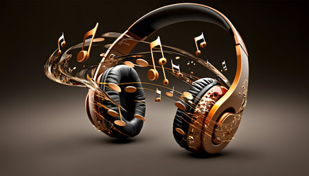 Headphones with music notes in color background. music concept. Abstract music wave design. Headphones with splashes of music. Generative AI technology.の素材